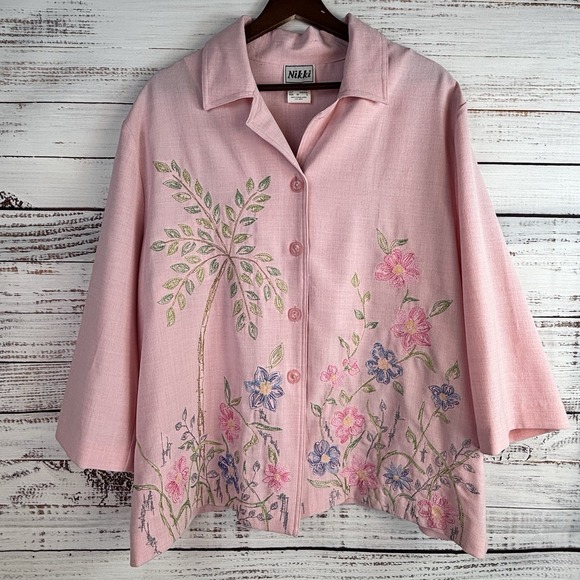 Vintage Pink Blouse 20 Embroidered Flowers Maximalist Coastal Grandma Cottage - Picture 13 of 13